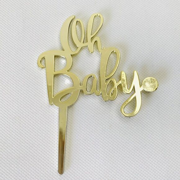 Oh Baby Cake Topper Gold Baby Shower Gender Reveal Party Cupcake Cursive Font - Picture 1 of 4